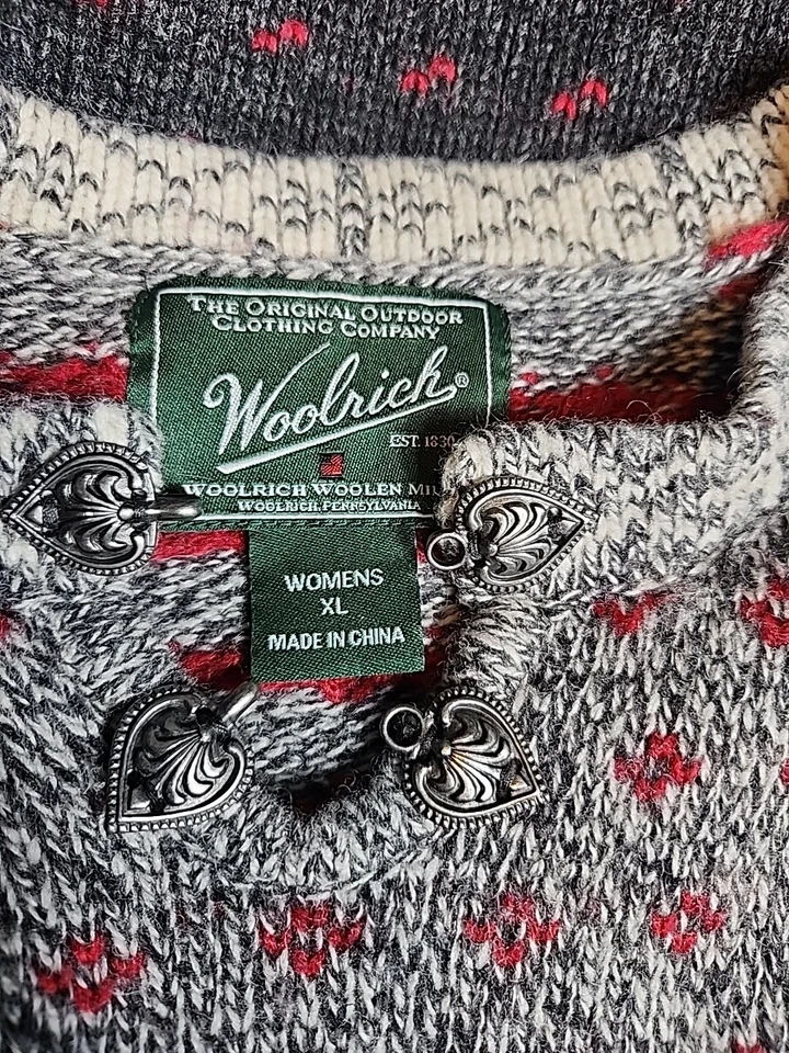 Woolrich Womens XL Lambswool V Neck Sweater Gray Fair Isle Knit Winter Warm - Image 4 of 4
