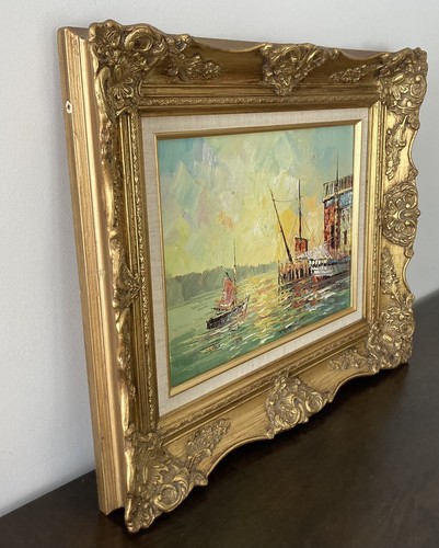 P.G. Pintura al óleo original TIELE barcos en muelle vintage Italia enmarcado 24"x20" - Imagen 9 de 12