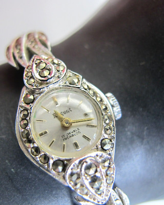 VTG White Gold Tone Marcasite Regent 17 Jewels Incabloc Ladies