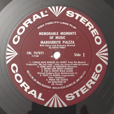 Memorable Moments of Music Marguerite Piazza vinyl record Coral