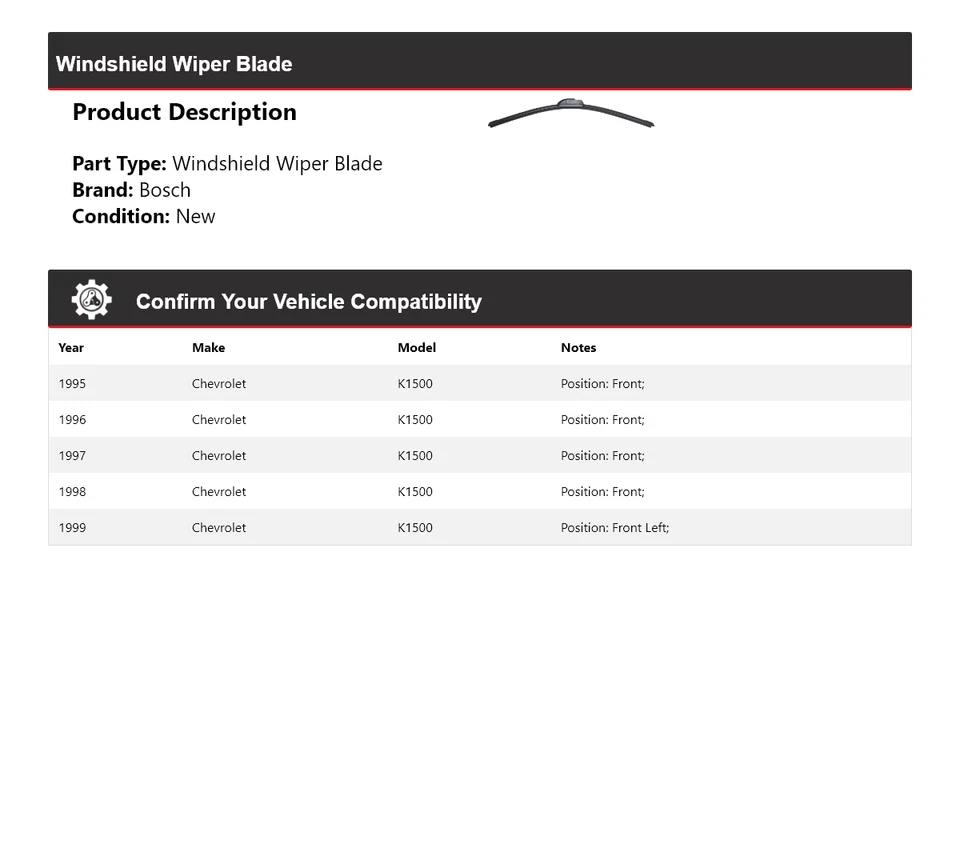 For 1995-1999 Chevrolet K1500 Bosch ICON Windshield Wiper Blade 1996 1997 1998 - Image 2 of 3