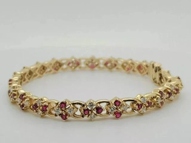 Brazalete de tenis 8,20 quilates corte redondo rubí creado en laboratorio chapado en oro amarillo de 14 k 7" Foto 3 de 3