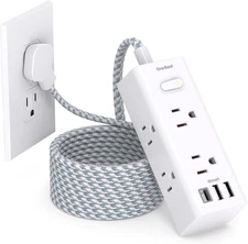 15Ft Extension Cord with Multiple Outlets, Flat Plug Power Strip Surge Protector