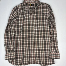 Life is Good Women’s Large Shirt Plaid Brown Orange Cream Button Up Long Sleeve