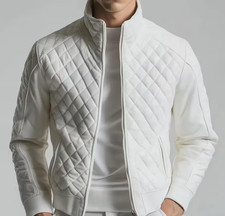 Men's White Quilted Leather Jacket - Modern Trendy Outerwear - Slim Fit Bomber