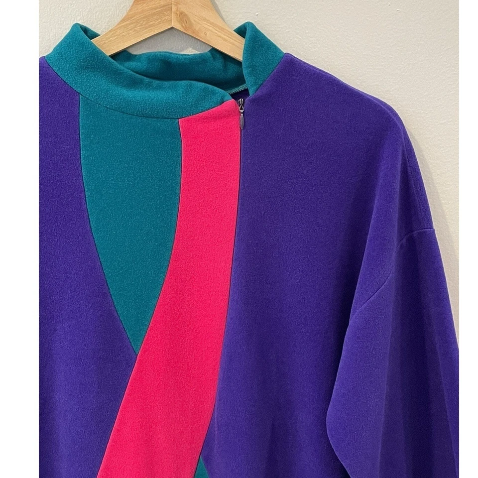 Vintage 80s Vanity Fair Velour Robe House Coat Blue Green Pink Zip Up Sz Medium - Image 2 of 4