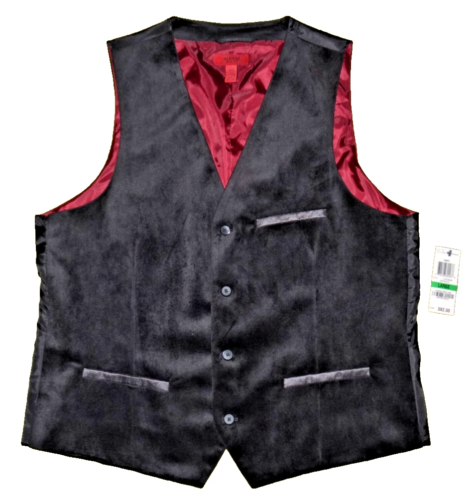 Alfani Vest Slim Fit Men's Large Black Velour Lined Suit Waistcoat Velour NWT