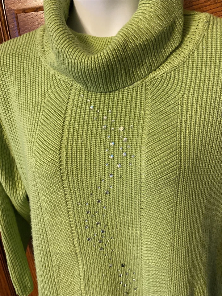 Abito Womens Bright Lime Green Soft Sweater with Rhinestone Sparkles, Plus Sz 3X - Image 3 of 4