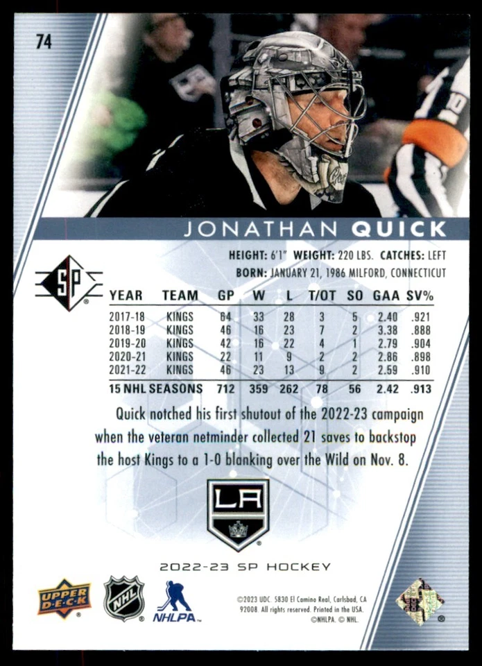 2022-23 SP Jonathan Quick #74 - Image 2 of 2