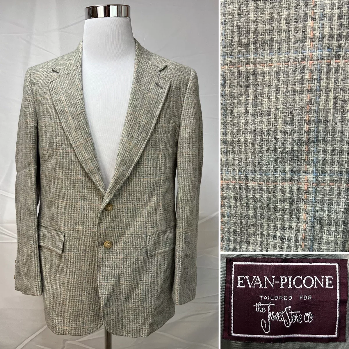 Men s Vintage Evan Picone Wool Tweed Windowpane Plaid Beige 42R