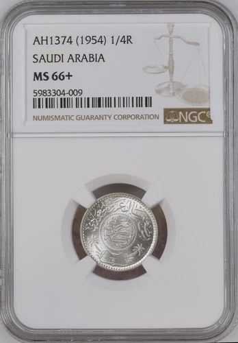 SAUDI ARABIA , SILVER 1/4 RIYAL 1354 AH - NGC MS 66+ ( ST21 ) , RARE