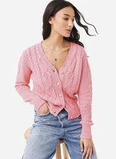 Love Shack Fancy Pink Anselma Cardigan Sweater Cotton V Neck Size Medium