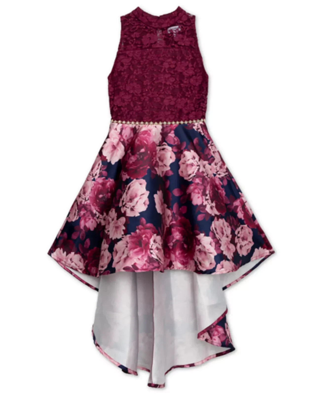 NWT Speechless Girls 12 Lace Floral Mikado Dress Jewel Waist Sleeveless High Low
