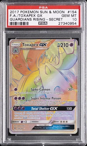 2017 POKEMON SUN & MOON GUARDIANS RISING SECRET #154 FULL ART/TOXAPEX GX PSA 10