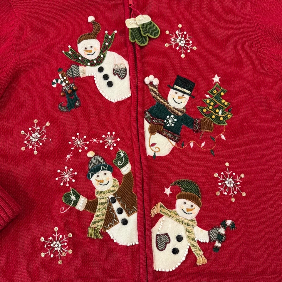 Ms Lee Red Full Zip Snowman Winter Christmas Sweater Cardigan Women Size L - Image 2 of 4