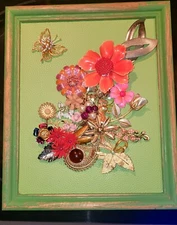 Vintage and modern jewelry art framed. Beautiful floral bouquet 