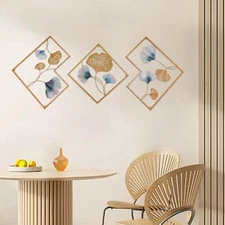 3Pcs 164 x 70.5 cm Metal Wall Art Hanging Sculpture Decor 3D Ginkgo Gold & Blue
