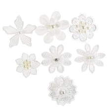 10 White Flower with Pearl motifs 1.5 - 2.0inch, Sew On Stitching Fabric, Asst