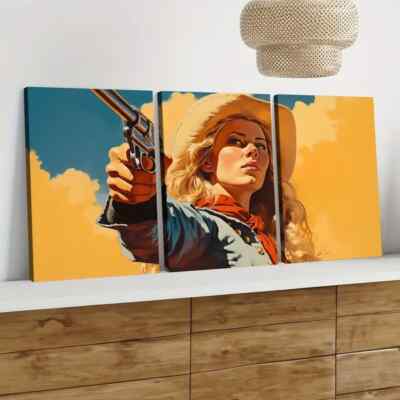 3pcs Vintage Wild West Cowgirl Blue Sky Golden Wall Art Canvas Unframed/Framed