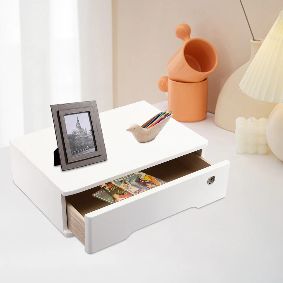 Desktop Storage Box with Lockable Drawer Office Supplies Drawer Organizer White - Image 4 of 4