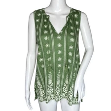 Lucky Brand Shirt Womens Small Green White Floral Embroidered Bohemian Peasant
