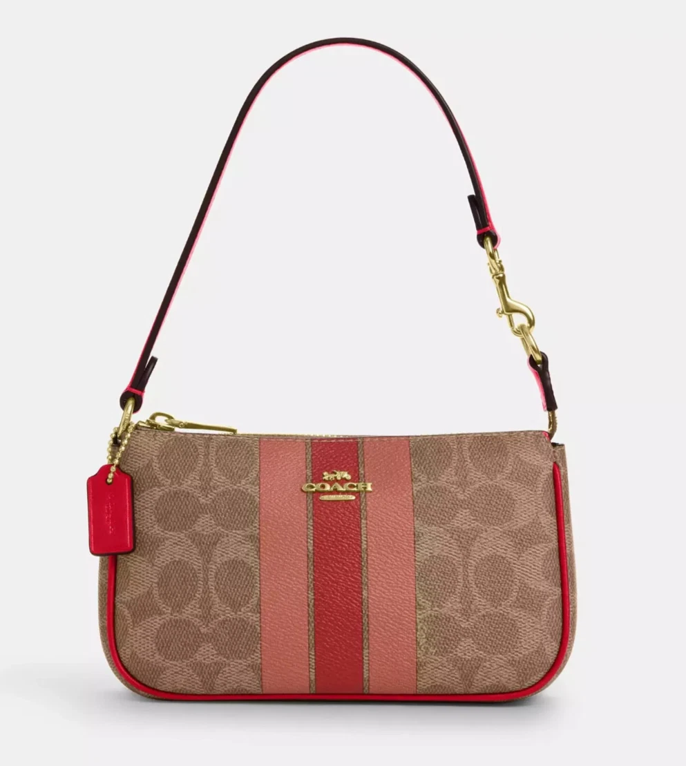 Coach Nolita 19 Tan Multi Firma Tela con Strisce Polso Borsa Shoudler (CAQ04)