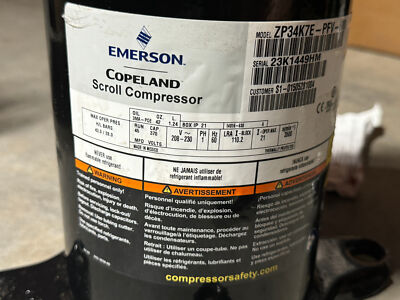 Copeland Scroll Compressor 3 Ton 208-230V 1 Phase R410A ZP34K7E