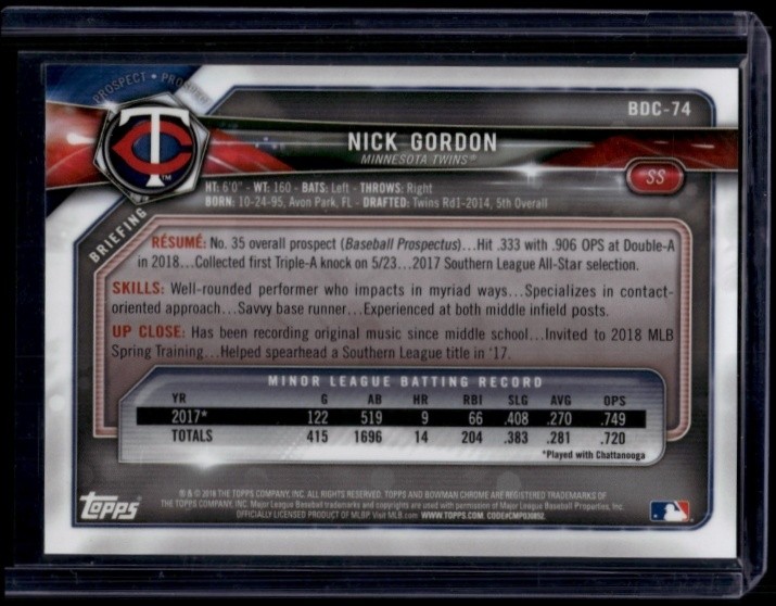 2018 Bowman Draft Baseball Nick Gordon #BDC-74 Chrome Superfractor 1/1 view 2