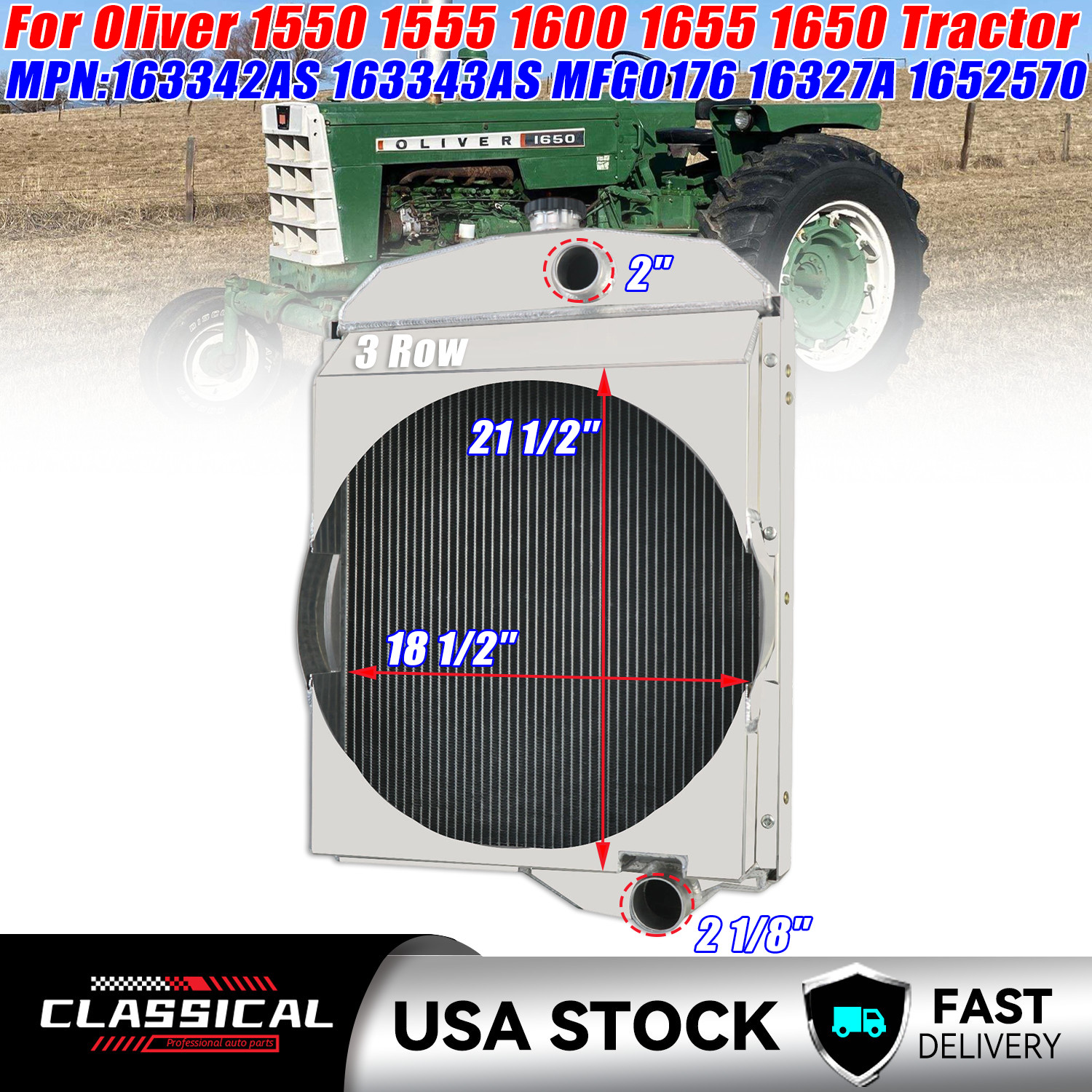 3 Row Aluminum Radiator For Oliver 1550 1555 1600 1655 1650 Tractor 163343AS.