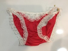 Vintage 2004 Victoria Secret Red Satin White Lace Trim Bikini Size S New