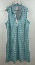 Cabana Life Cote d'Azur 1/4 Zip Sleeveless Dress Size Large Teal Leaf Pattern