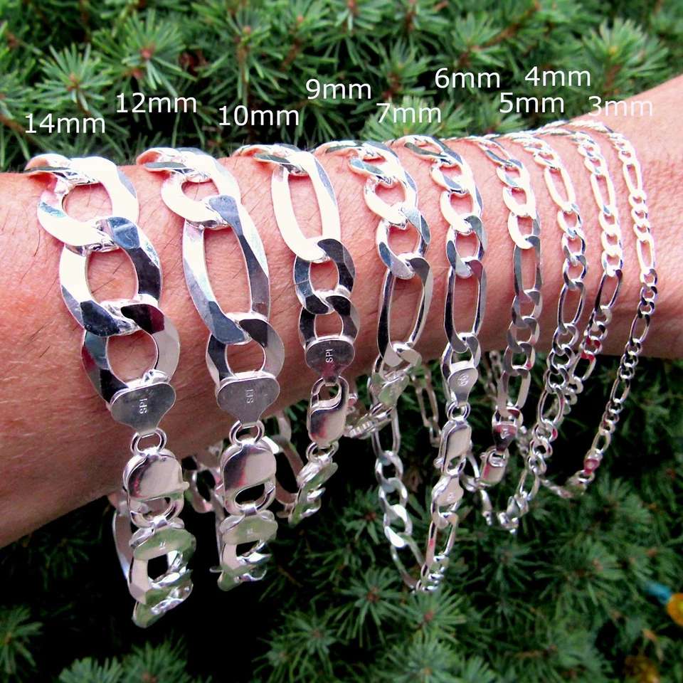 Collar o pulsera italiana de cadena Figaro de plata de ley 925 maciza para hombre 3+1 Foto 2 de 4