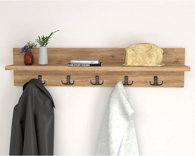 Wall Mounted Coat Rack 80cm Pine Shelf 5 Hooks Floating Storage Rail - Image 2 of 4
