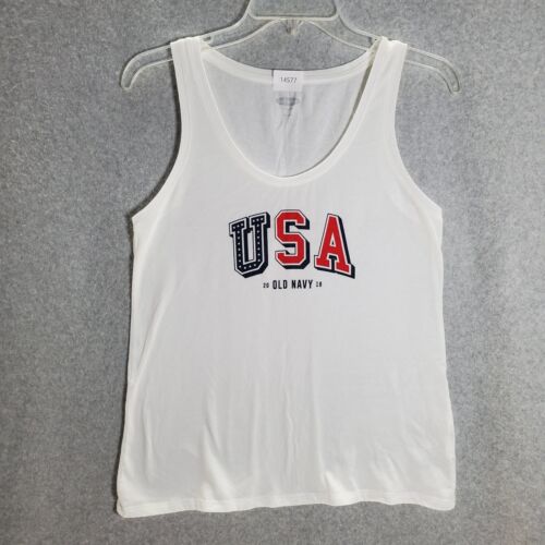 Old Navy Women Tank Top Small White Logo Everywear USA Graphic Adult Tee