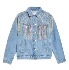 Topshop Dolly Sequin Fringe Denim Jacket, Us 6, Made In Turkey