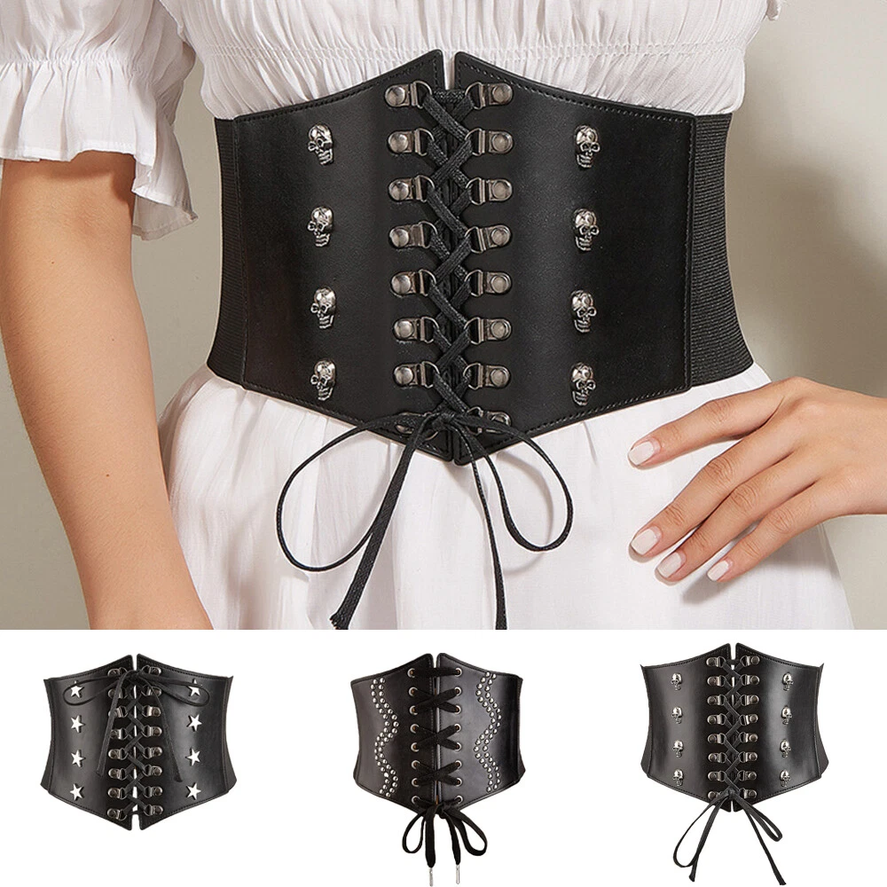 Women Lace Tied Leather Corset Waist Wide Belt Cincher Elastic Stretchy Band