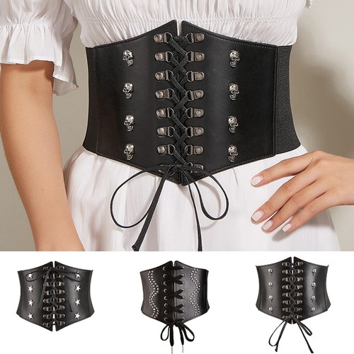 Women Lace Tied Leather Corset Waist Wide Belt Cincher Elastic Stretchy Band - Picture 1 of 16