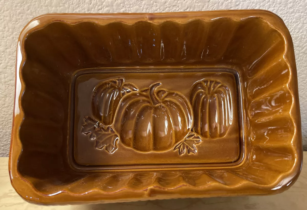 Vintage Stoneware Bread Loaf Pan Pumpkins Indents Brown Amber Fall Ribbed  Edge