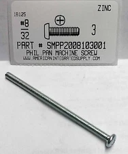 #8-32x3 Pan Head Phillips Machine Screws Steel Zinc Plated (20)