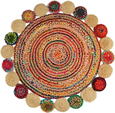 Jute Rug Round Handmade 100%Natural Hand Braided Farmhouse Area Rug Living Room - Image 1 of 4