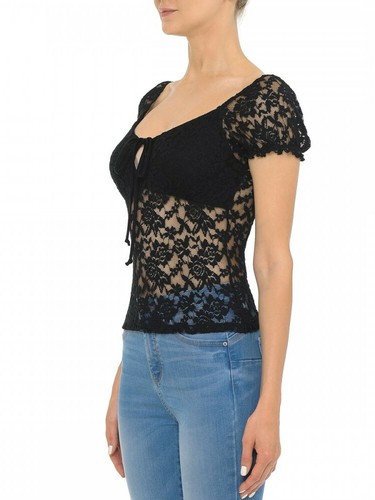 Floral Lace Tie Front Ruffled Short Puff Sleeve Empire Waist Peasant Top 72091 - Picture 3 of 8