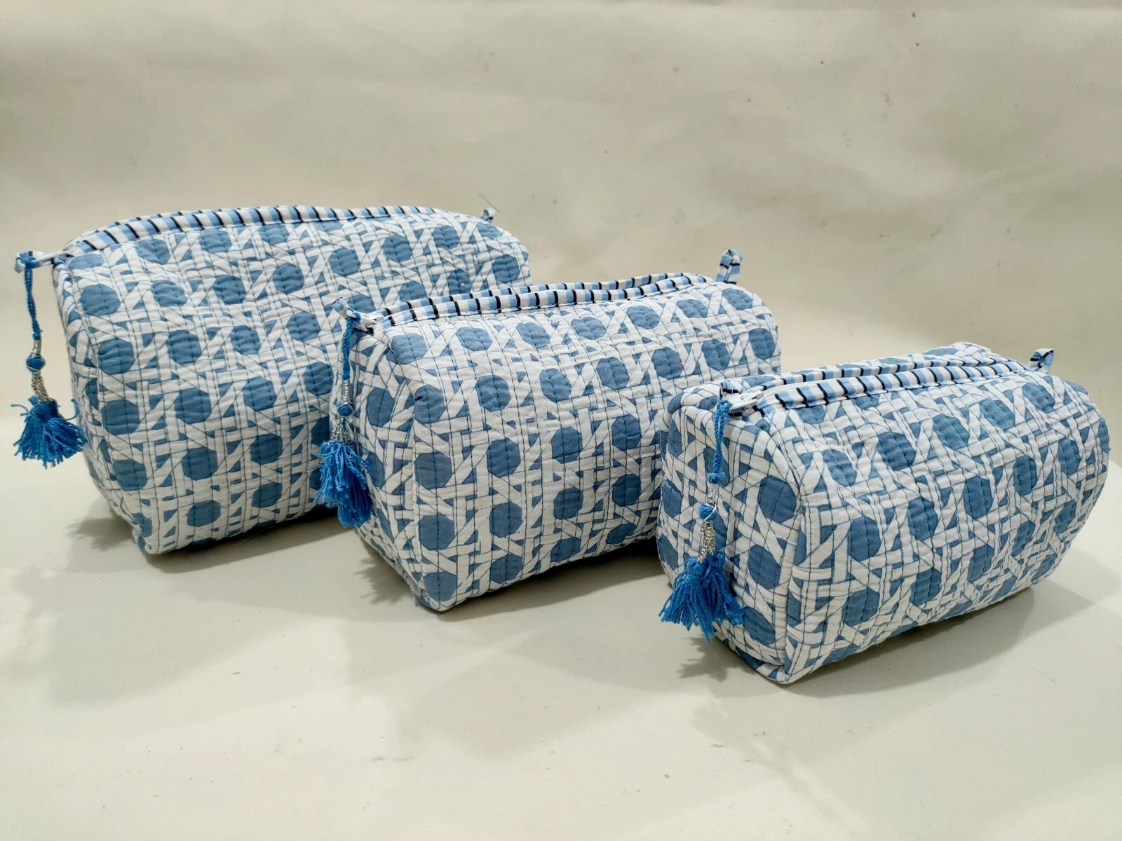 3 PC Handmade Block Printed Bag Quilted Zipper Purse Cosmetic Makeup Storage Bag