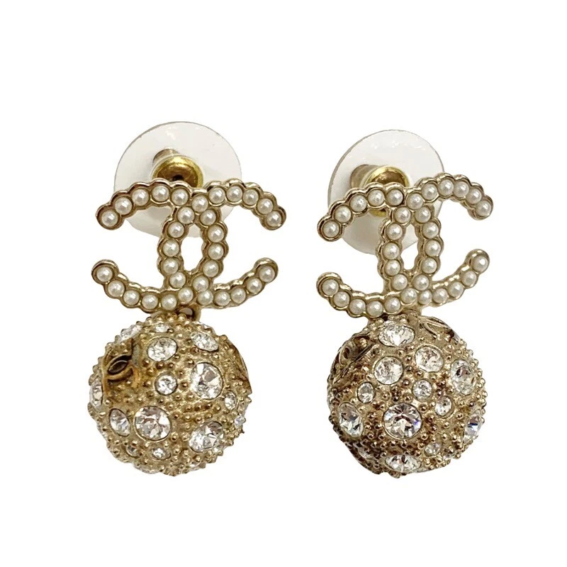 CHANEL Earrings CC Fake Pearl COCO Swing B18V Gold GP authentic