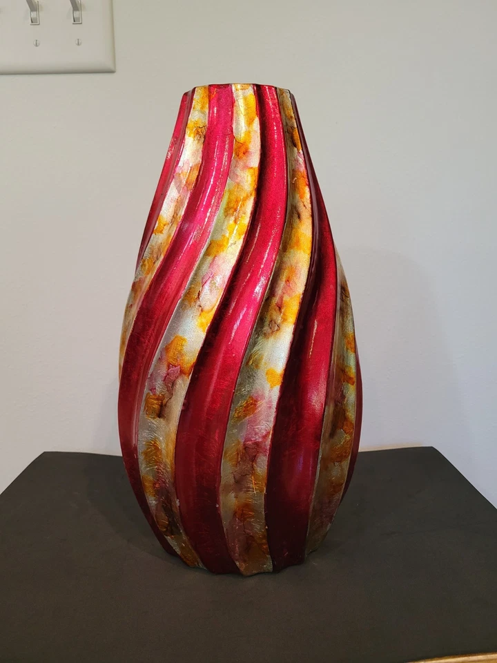 Impresionante jarrón artístico de cerámica de 14" de alto diseño moderno de remolino rojo dorado decoración metálica Foto 2 de 4