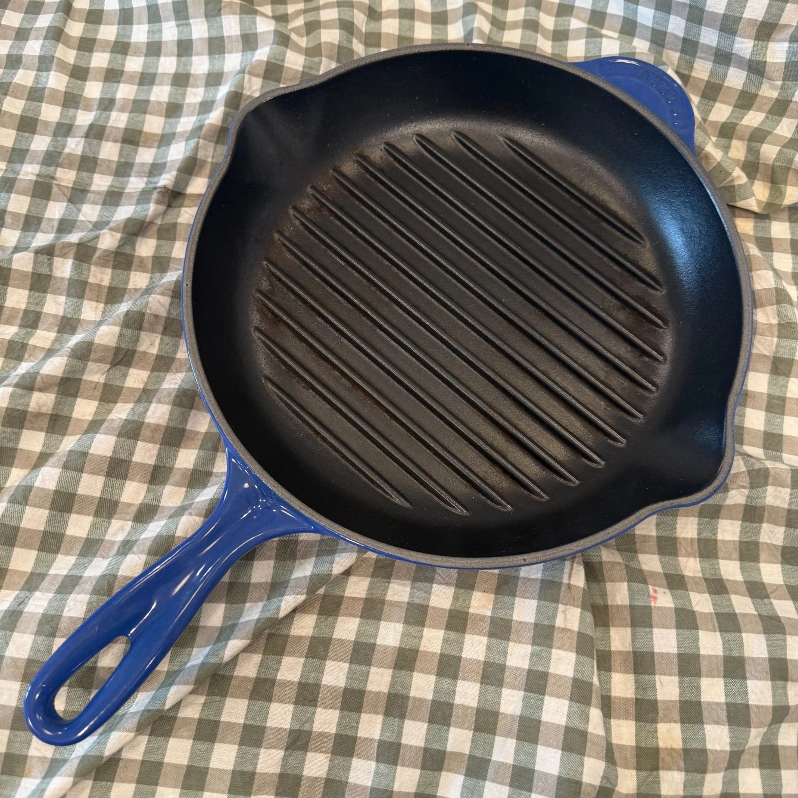 Le Cruset Grill Pan 26 cm Blue Round Cast Iron Skillet Frying Pan