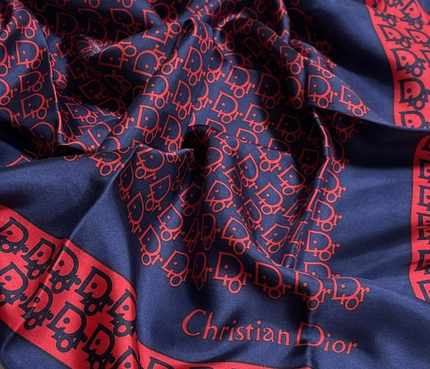 Christian Dior Silk Scarf 26in Navy Red Trotter Monogram Logo