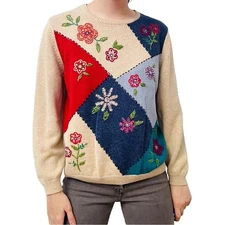 Vintage Sweater Patchwork Fairy Boho Colorful Grandma Grannycore Tan Size Small