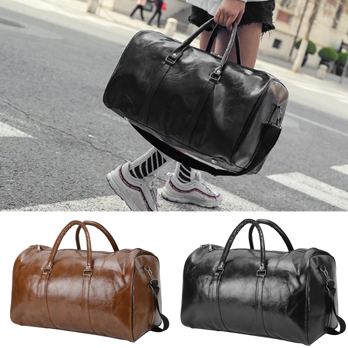 UK Mens PU Leather Duffle Weekend Bag Sports Travel Luggage Handbag Holdall
