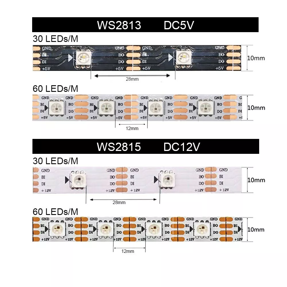 WS2812B 2811 WS2813 WS281530/60/pixels/leds/m RGB LED Strip Addressable 5V  12V