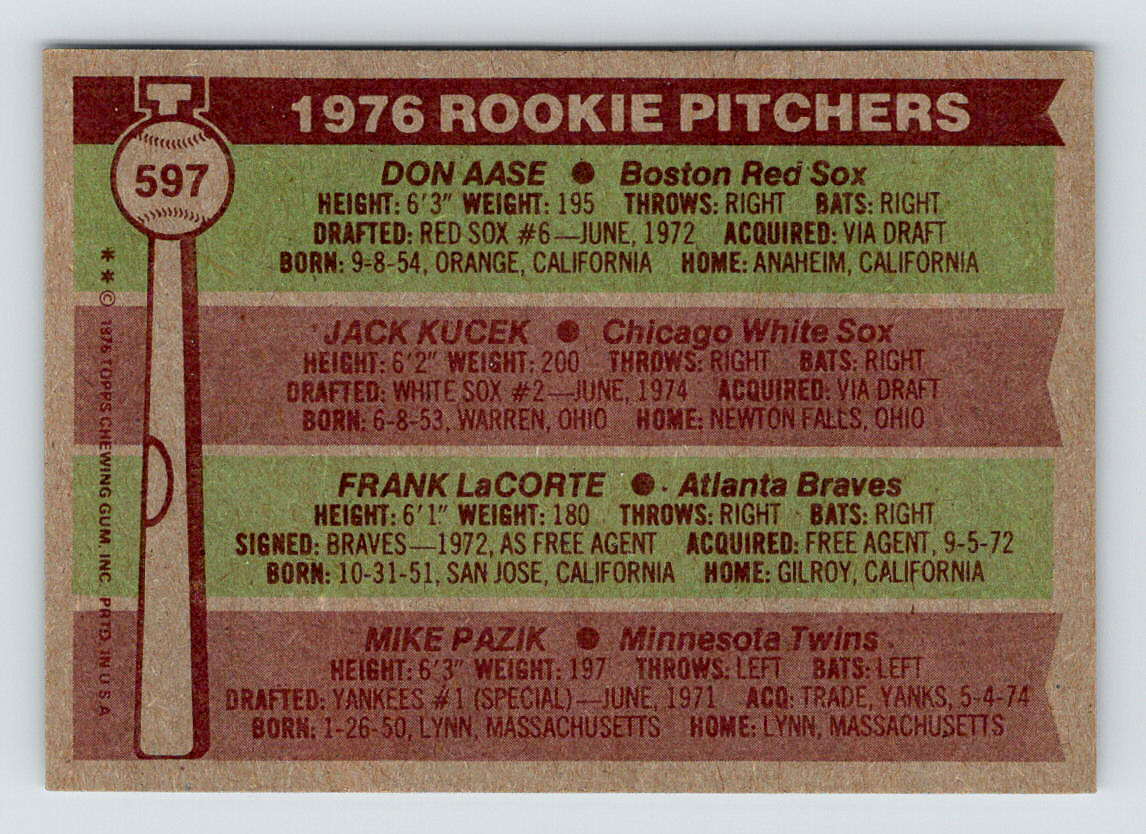 1976 Topps Baseball / 597 Aase, Kucek, LaCorte & Pazik / Raw